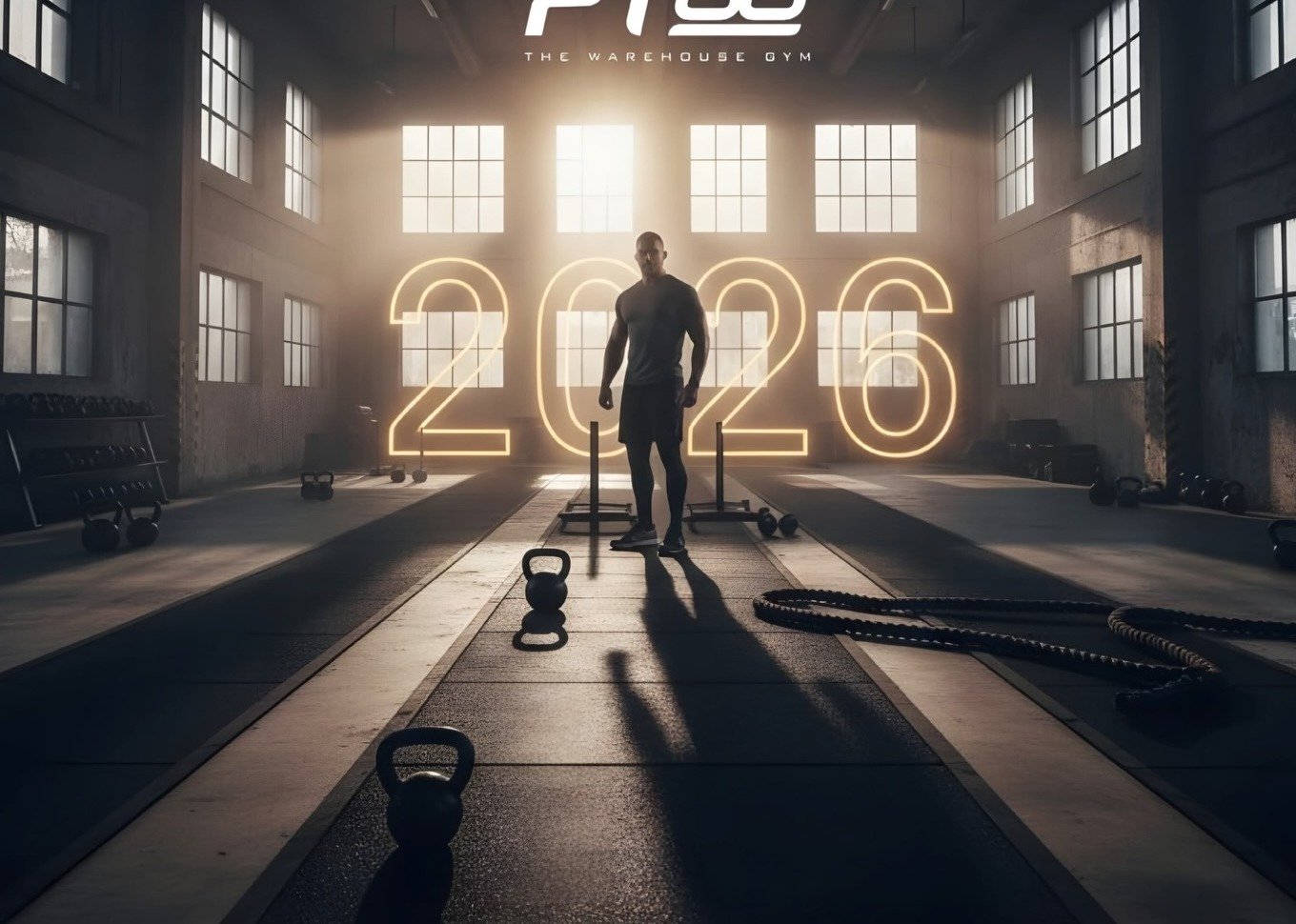 Inside the warehouse — neon, concrete, kettlebells